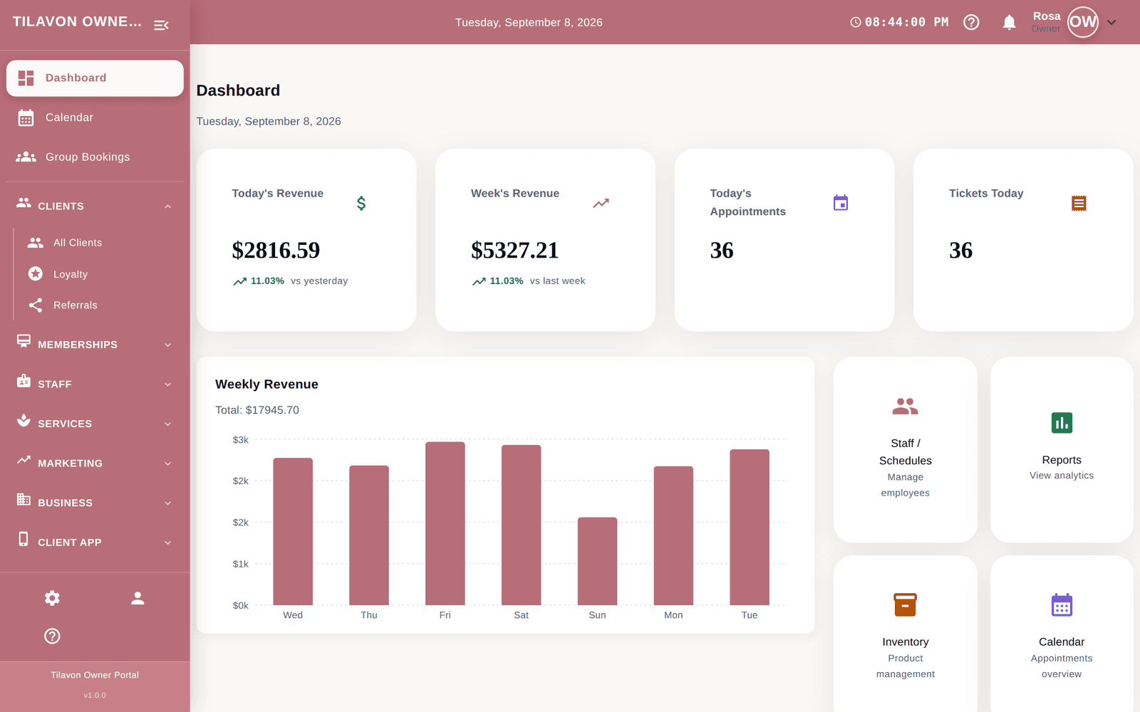 Tilavon owner dashboard: today's revenue, week's revenue against last week, appointment and ticket counts, and a weekly revenue chart by day.