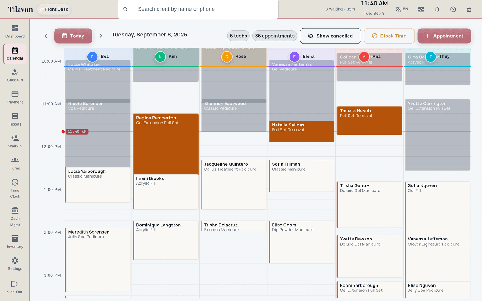 Tilavon salon calendar with a column per technician across a working day, showing completed morning appointments, services in progress, and a booked afternoon.