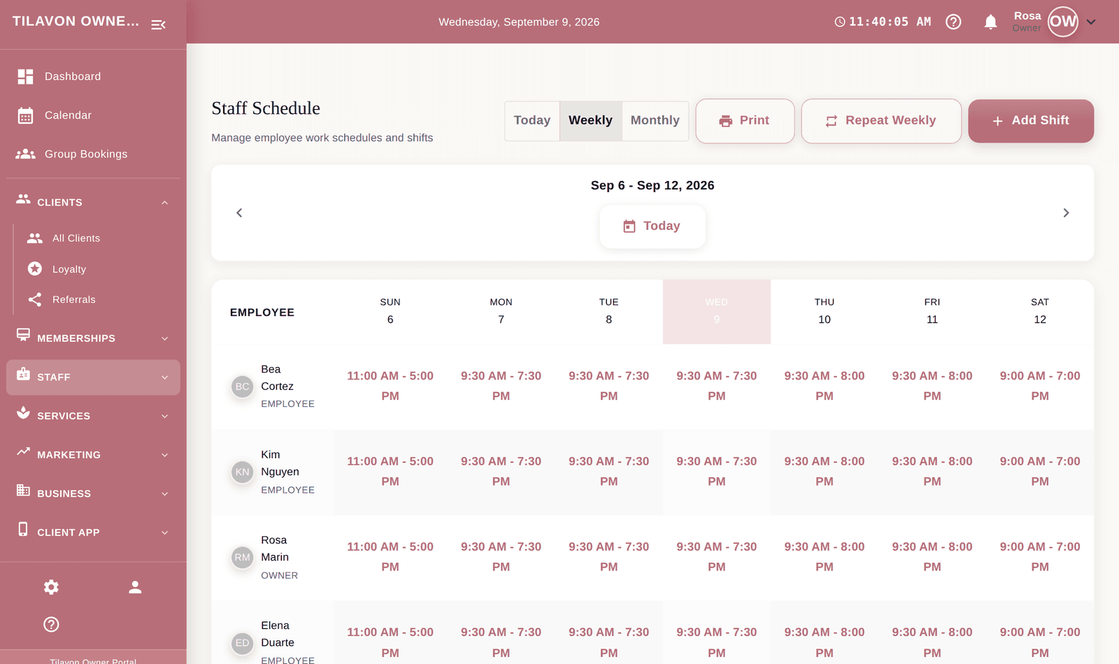 Tilavon staff schedule: a week of shifts for each technician, with per-day start and finish times and controls to add a shift or repeat the week.