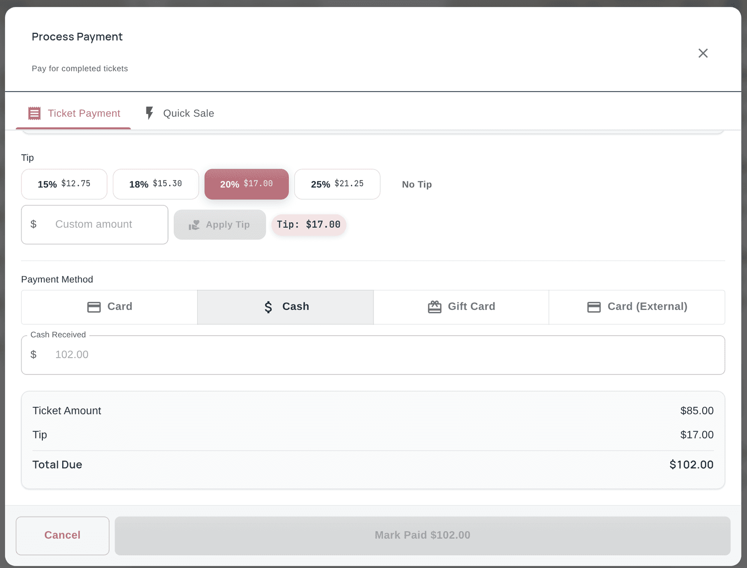 Tilavon tip step at checkout: 15%, 18%, 20% and 25% presets with the dollar amount on each, a custom amount box, a No Tip option, and the running total showing an $85.00 ticket plus a $17.00 tip due $102.00.